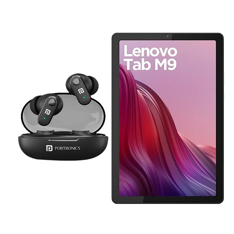 Picture of Lenovo M9 9 inch (22.86cm) Tablet (4GB RAM/ 64GB/ 5100mAh Battery/ WiFi & LTE / Android 12/ Arctic Grey)  Portronics Harmonics Twins S16 Wireless Earbuds 